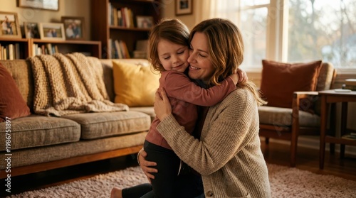 Woman holds and hugs little girl in living room with sofa and chair