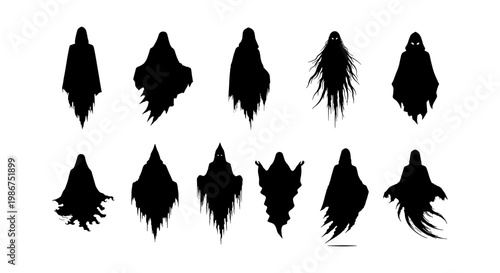 Spooky ghost silhouettes collection, 11 black phantom vector elements, scary halloween spirit icons, creepy floating wraith and spectre shapes