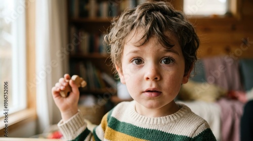 A young boy sits indoors holding a small object up near a window.