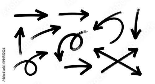 Hand drawn black arrow set, 10 brush stroke pointer icons, charcoal texture directional symbols for infographics and presentations