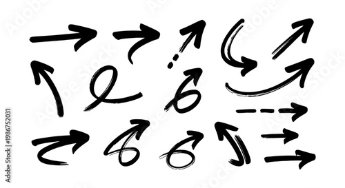 Hand drawn arrow set in black ink, brush stroke pointer collection, 15 sketch arrows for business presentations and creative design