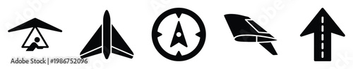 Black and white icons depicting aviation travel and directional guidance suitable for mobile applications, educational materials, and various online media.