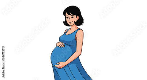 A pregnant woman wearing a blue dress cradles her baby bump with a gentle smile, representing maternity and the joy of expecting a child