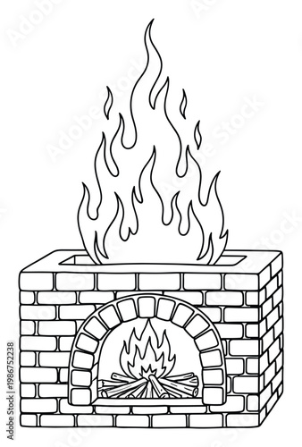 Traditional brick fireplace featuring a roaring fire inside and above its structure, perfect for cozy holiday promotions, winter season imagery, and warmth related concepts.