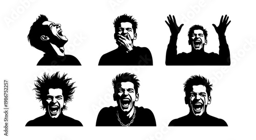 High contrast stencil portraits of expressive men, set of 6 black and white vector silhouettes, emotional male faces with intense expressions