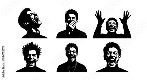 Expressive man portrait silhouettes, collection of 6 emotional male faces in black and white, high contrast stencil art vector set for creative design