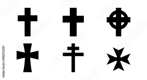 Religious Christian cross icons set, black silhouette crucifix symbols, collection of 6 vector elements for church and spiritual design