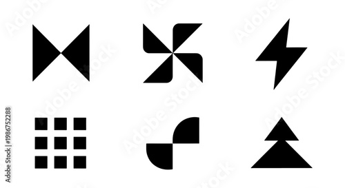 Minimalist geometric logo icons set, black abstract branding symbols on white background, 6 modern vector graphic elements for corporate identity