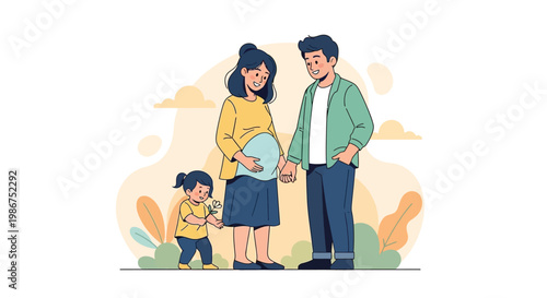 A heartwarming illustration capturing the loving bond of a happy family with a pregnant mother, father, and their little daughter eagerly awaiting a new addition to their joyful household