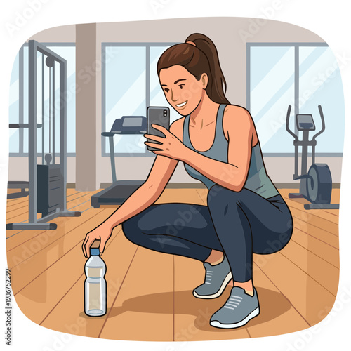 Woman taking a break and checking her phone while working out in a modern gym with fitness equipment around her.