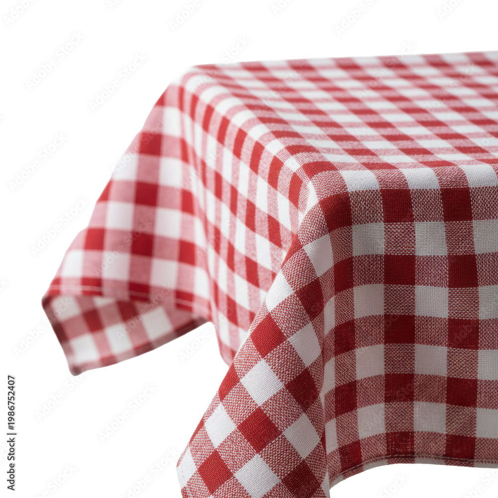Obraz premium Vibrant red and white gingham tablecloth with natural folds draped over a corner against a transparent background, evoking a refreshing summer picnic atmosphere