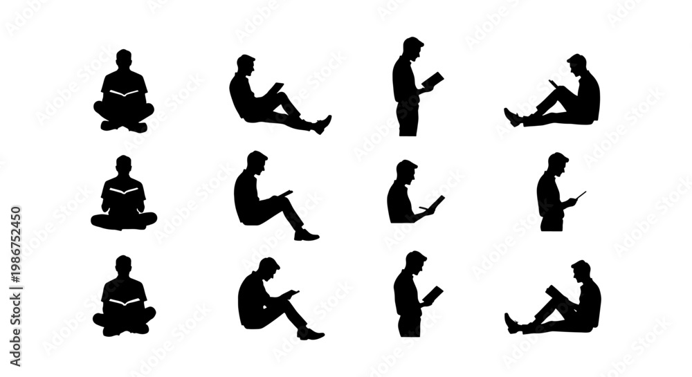 © Md - Black silhouette people reading books, set of 12 male figures in sitting and standing poses, library and education vector icons on white background © Md - Black silhouette people reading books, set of 12 male figures in sitting and standing poses, library and education vector icons on white background