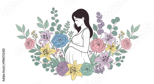 Elegant illustration of a pregnant woman cradling her baby bump, adorned with a delicate floral wreath, symbolizing the beauty of motherhood, new life, and serene anticipation