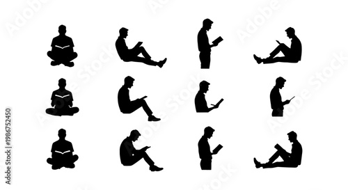 Black silhouette people reading books, set of 12 male figures in sitting and standing poses, library and education vector icons on white background