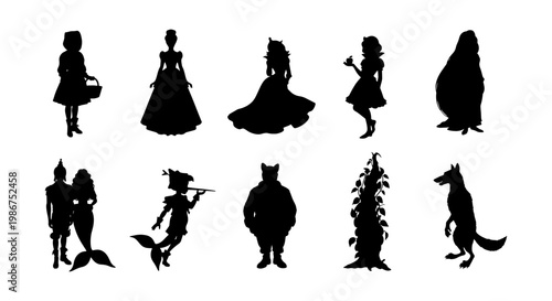 Fairy tale character silhouettes set, 10 fantasy vector elements including princess, mermaid, and wolf, magical storybook icons for children design