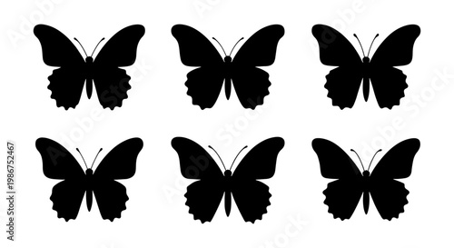 Black butterfly silhouette set, collection of 6 butterfly icons in vector format, minimalist insect wing shapes for nature branding and logo design