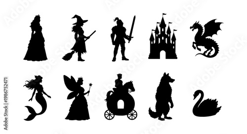 Fairytale silhouette collection with 10 fantasy icons, black mythical character shapes, medieval storybook elements for children design