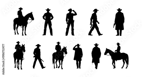 Wild West cowboy silhouettes set, 11 vector elements of western outlaws and horse riders, black rancher figures for vintage american frontier designs