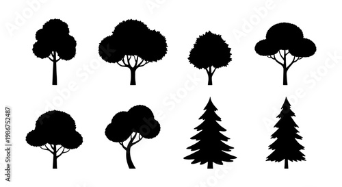 Black tree silhouettes set, collection of 8 forest plant icons, minimalist deciduous and evergreen tree shapes, flat vector nature elements for landscape design