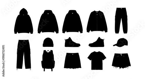 Black streetwear clothing silhouettes, 15 apparel vector icons set, casual fashion outfit elements, hoodie and sneakers flat icons for tech packs