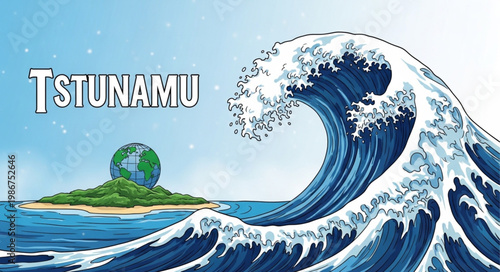 Tsunami wave approaching a small island, a depiction of natural disaster.