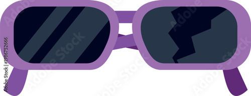 Purple sunglasses featuring a cracked lens, representing damage or a style statement