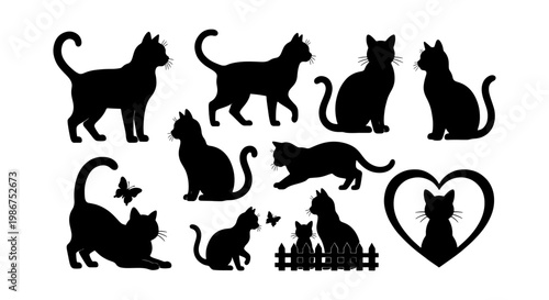 Black cat silhouette collection, set of 10 feline vector elements, domestic cat poses with heart and butterfly shapes, pet animal icons for design