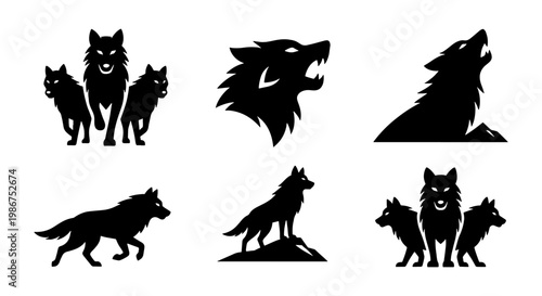 Black wolf silhouette icons set, wild predator animal head and howling wolf pack vectors, 6 minimalist canine mascot logos for sports branding