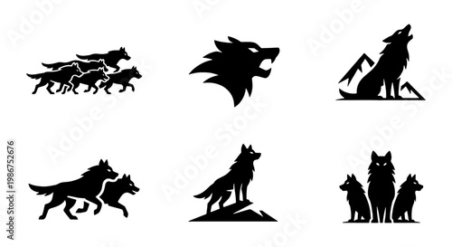 Wolf silhouette logo set, 6 black animal icons of howling and running wolves, wild predator mascot collection for sports branding and outdoors design