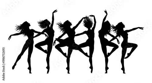 Graceful dancing women silhouettes in expressive poses, elegant female dancer vector set, artistic black figures performing ballet and modern jazz dance