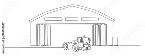 Continuous line drawing of a modern airport hangar building with wide open doors and a heavyduty ground support tow tractor parked in front, suitable for aviation industry presentations.