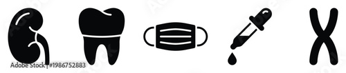 A set of key medical and biology icons including kidney, tooth, face mask, pipette, and chromosome, valuable for healthcare apps, educational materials, and scientific research