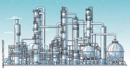 Detailed illustration of a large industrial oil refinery complex.