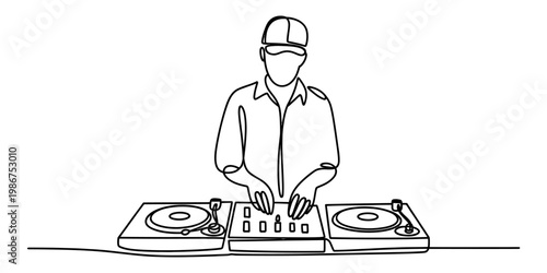 A single continuous line drawing of a male disc jockey wearing a cap and playing music on decks Vector, illustration