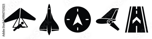 Essential aviation symbols and aircraft elements perfect for flightrelated applications, travel guides, navigation systems, and airport signage.