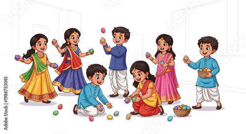 Illustrated Indian children joyfully celebrating Easter Sunday in India with colorful Easter eggs, adorned in traditional attire, amidst a festive atmosphere, showcasing Indian cultural