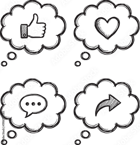 Hand drawn social media icons in cloud shapes: like heart comment share