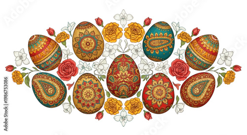 Artistic overhead shot of painted Easter eggs with intricate Indian patterns arranged among flowers, conveying a spiritual celebration concept with vibrant colors and a festive Easter
