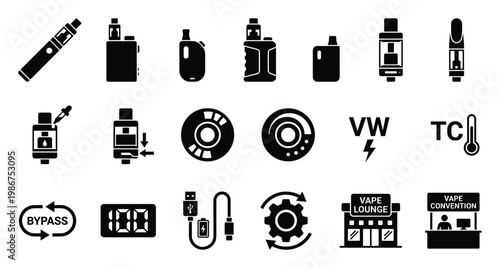 Collection of essential vaping icons and ecigarette symbols representing various modern vape devices, accessories, and operational modes for informational graphics and digital interfaces.