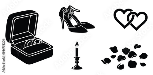Collection of black silhouettes representing wedding and romance themes perfect for event invitations, celebratory decorations, and graphic design projects related to love and marriage