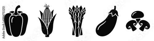 Collection of stylized vegetable silhouettes representing healthy eating and fresh produce, perfect for menus, recipe blogs, educational materials, and grocery store signage for culinary