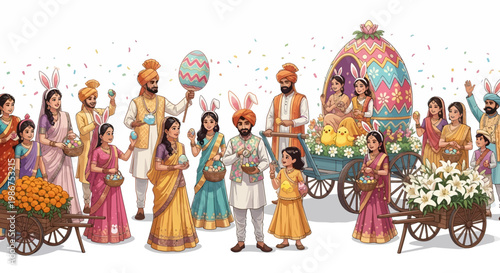 A vibrant Indian Easter festival illustration showcases a Christian community celebrating with colorful Easter eggs and decorated carts, depicting a joyful Easter Sunday worship with Indian