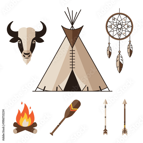 Native American Icons: Teepee, Buffalo, Dreamcatcher, Arrows, Campfire, Paddle
