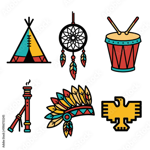 Native American Icons: Teepee, Dreamcatcher, Drum, Flute, Headdress, Thunderbird