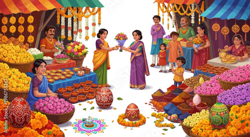 Vibrant festive Indian Easter celebration, showcasing the Christian community's traditions with people exchanging gifts at a bustling market filled with flowers and colorful Easter eggs