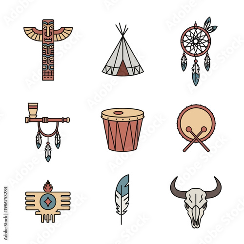 Native American Icons: Totem Pole, Teepee, Dreamcatcher, Drum, Feather, Buffalo Skull