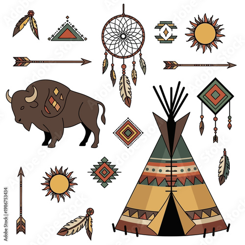 Native American Symbols: Bison, Teepee, Dreamcatcher, Arrows, Sun, Feathers