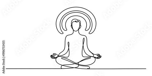 A single continuous line drawing of a person sitting in a lotus position for zen meditation pose. Vector, illustration