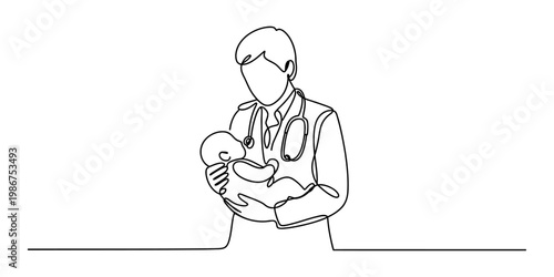 A single continuous line drawing of a pediatrician holding a newborn baby in a medical setting Vector, illustration