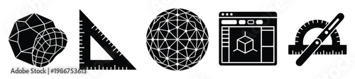 Geometric shapes and technical drawing measurement instruments like ruler, protractor, and software interface for engineering, architecture, and educational applications.